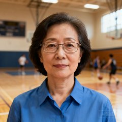 广州某高校体育部主任李老师的头像，中年女性，戴眼镜，穿着整洁的蓝色衬衫，背景为学校体育馆内景